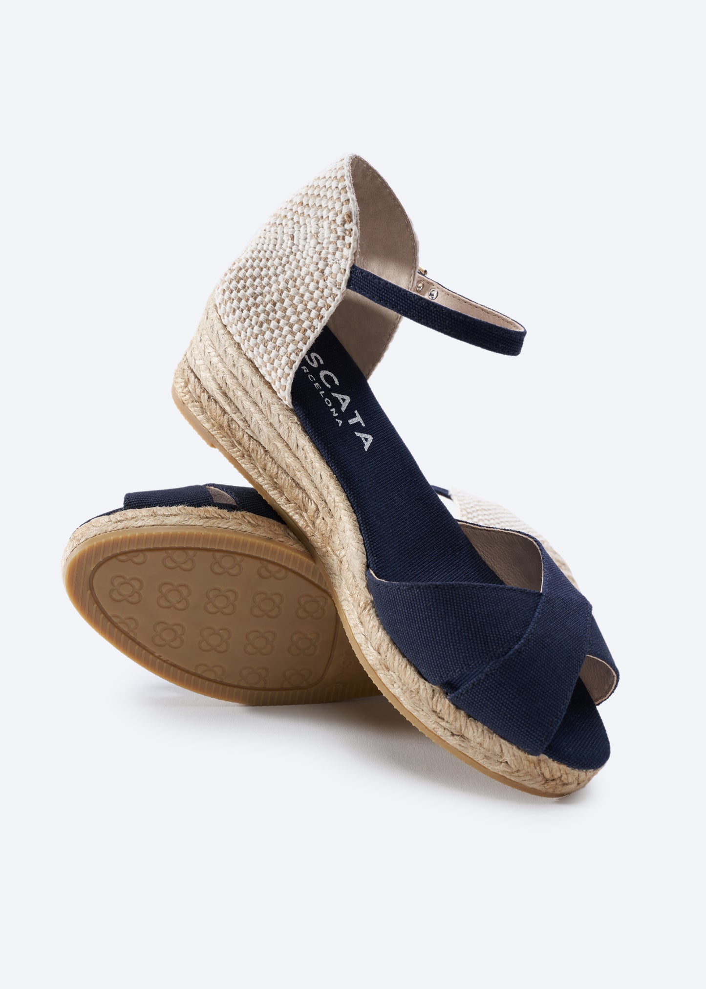 Salina Navy Blue Canvas Ankle Strap Women Espadrille Crossed Open Toe Wedges