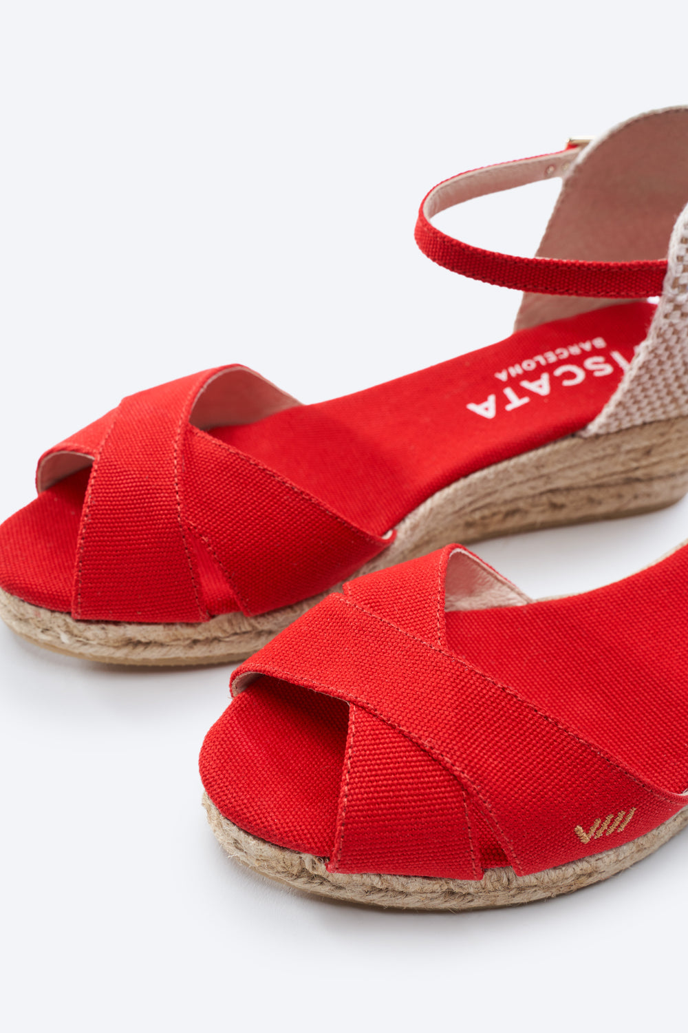 Salina Limited Edition Red Canvas Ankle Strap Women Open Toe Espadrille Wedges