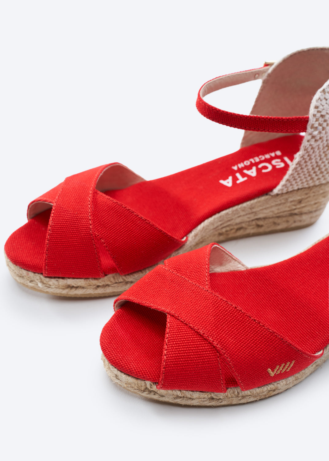 Salina Limited Edition Red Canvas Ankle Strap Women Open Toe Espadrille Wedges