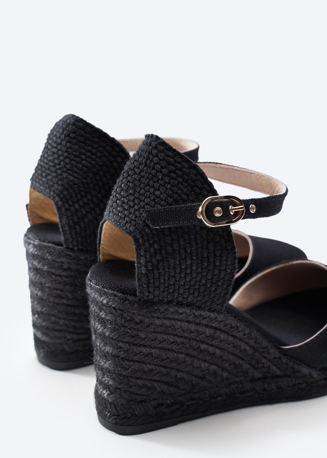 Satuna Limited Edition Black Jute Canvas Ankle Strap Women Espadrille Wedges Flexible Back Detail