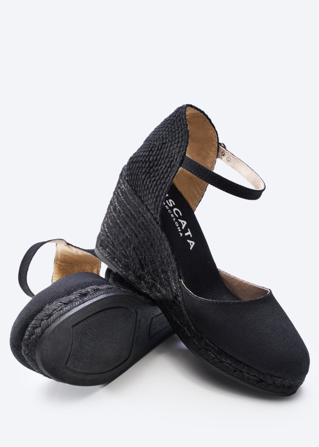 Satuna Limited Edition Black Jute Canvas Ankle Strap Women Espadrille High Heel Wedges