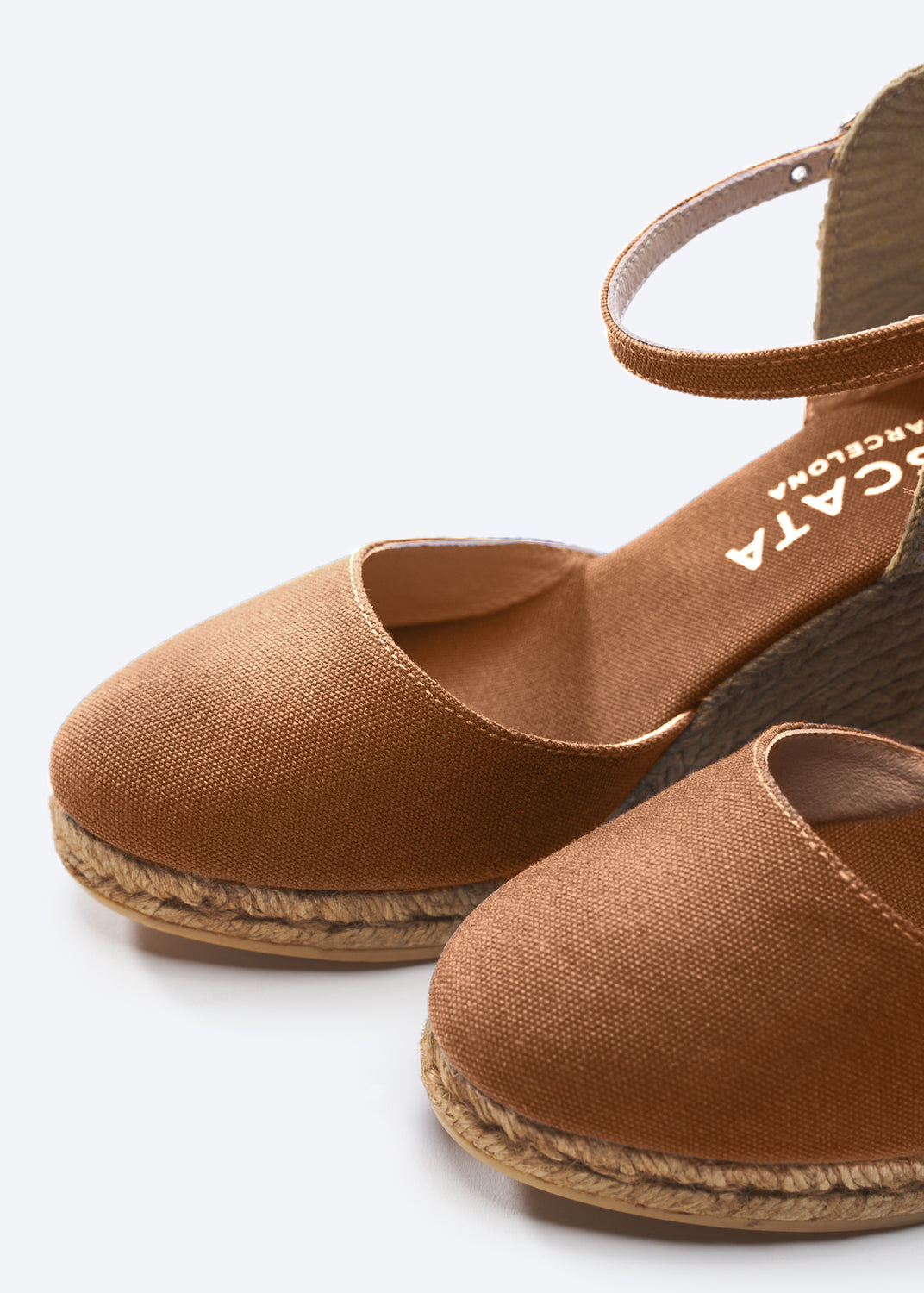 Satuna Limited Edition Brown Canvas Ankle Strap Women Espadrille Wedges Closed Toe Detail