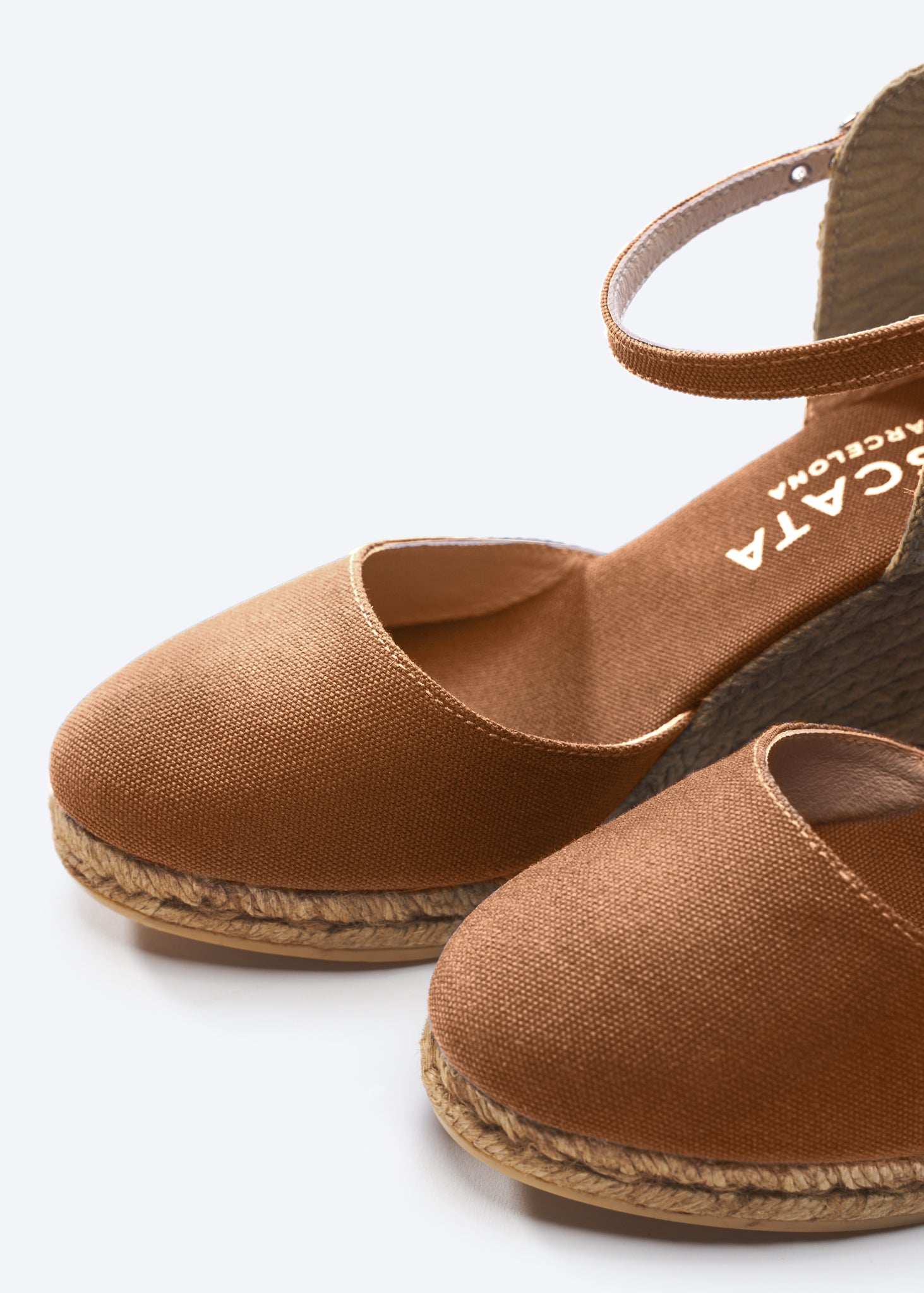 Satuna Limited Edition Brown Canvas Ankle Strap Women Espadrille Wedges Closed Toe Detail