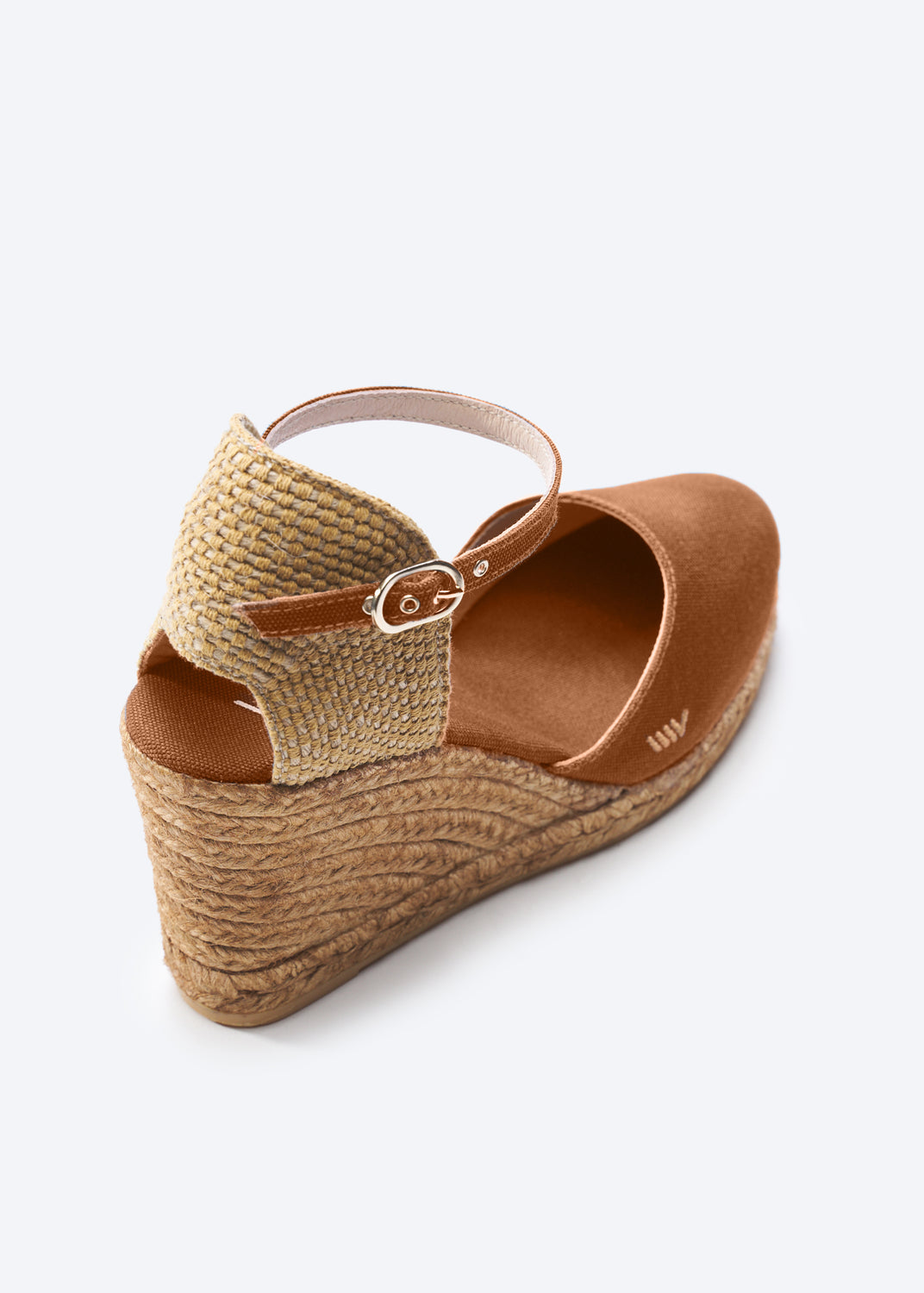 Satuna Limited Edition Brown Canvas Ankle Strap Women Espadrille Wedge Flexible Back Detail