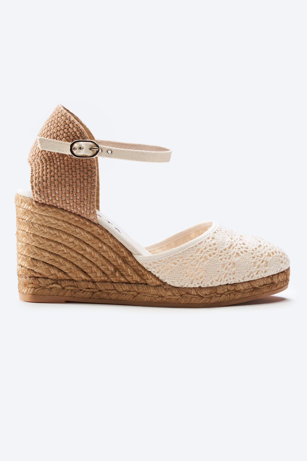 Satuna Ivory Crochet Ankle Strap Women Espadrille High Wedge