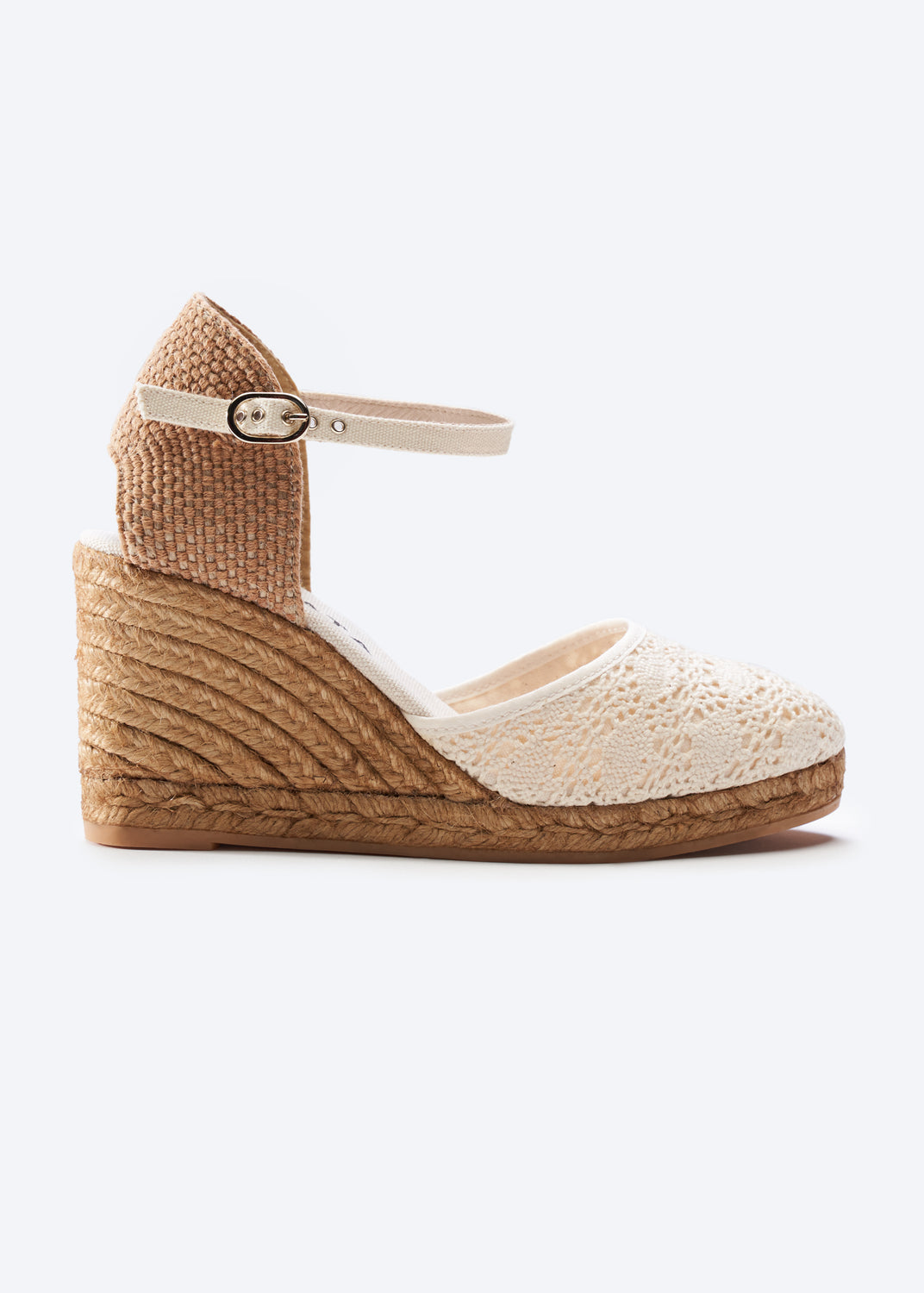 Satuna Ivory Crochet Ankle Strap Women Espadrille High Wedge