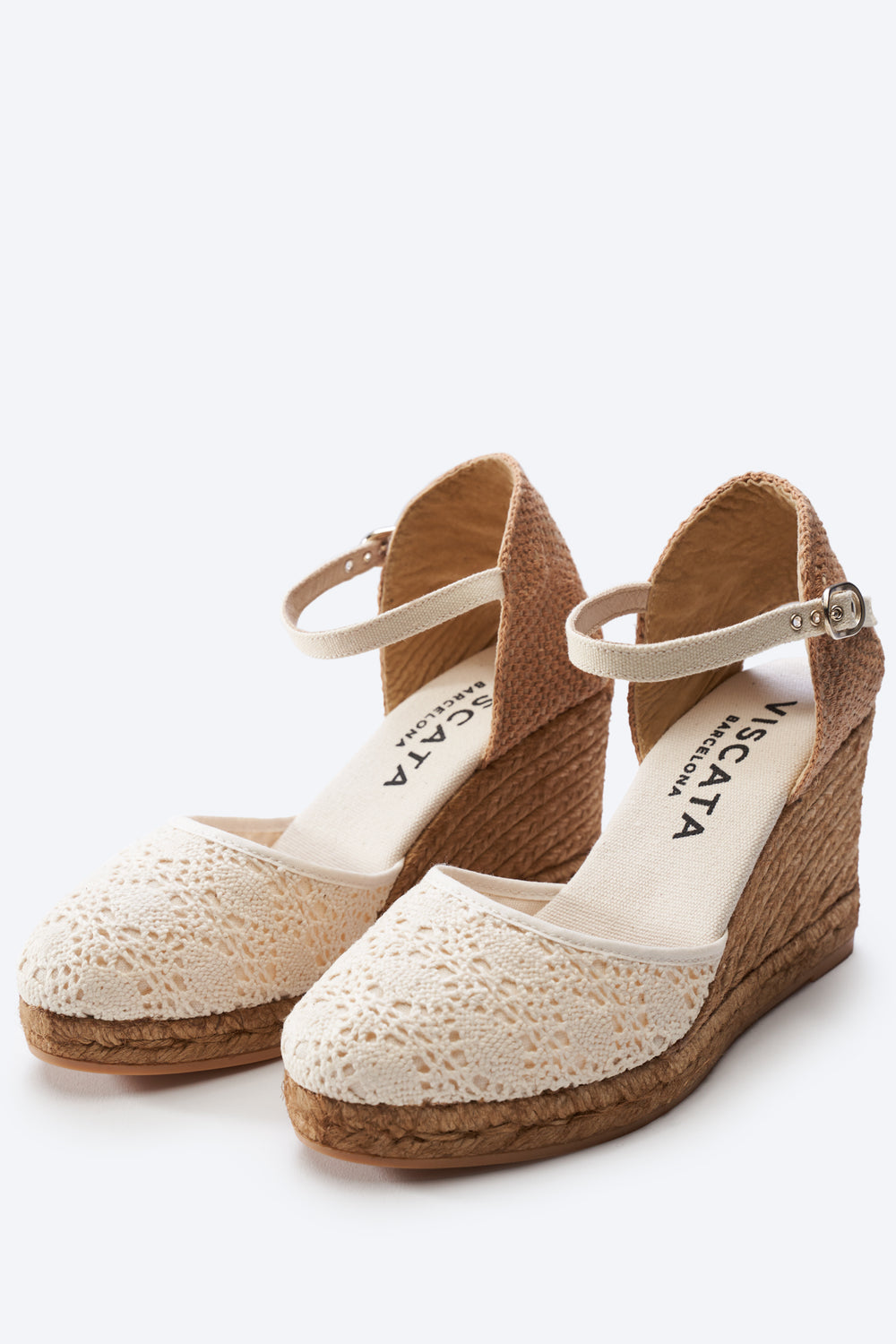 Satuna Ivory Crochet Ankle Strap Women Espadrille High Heel Wedges
