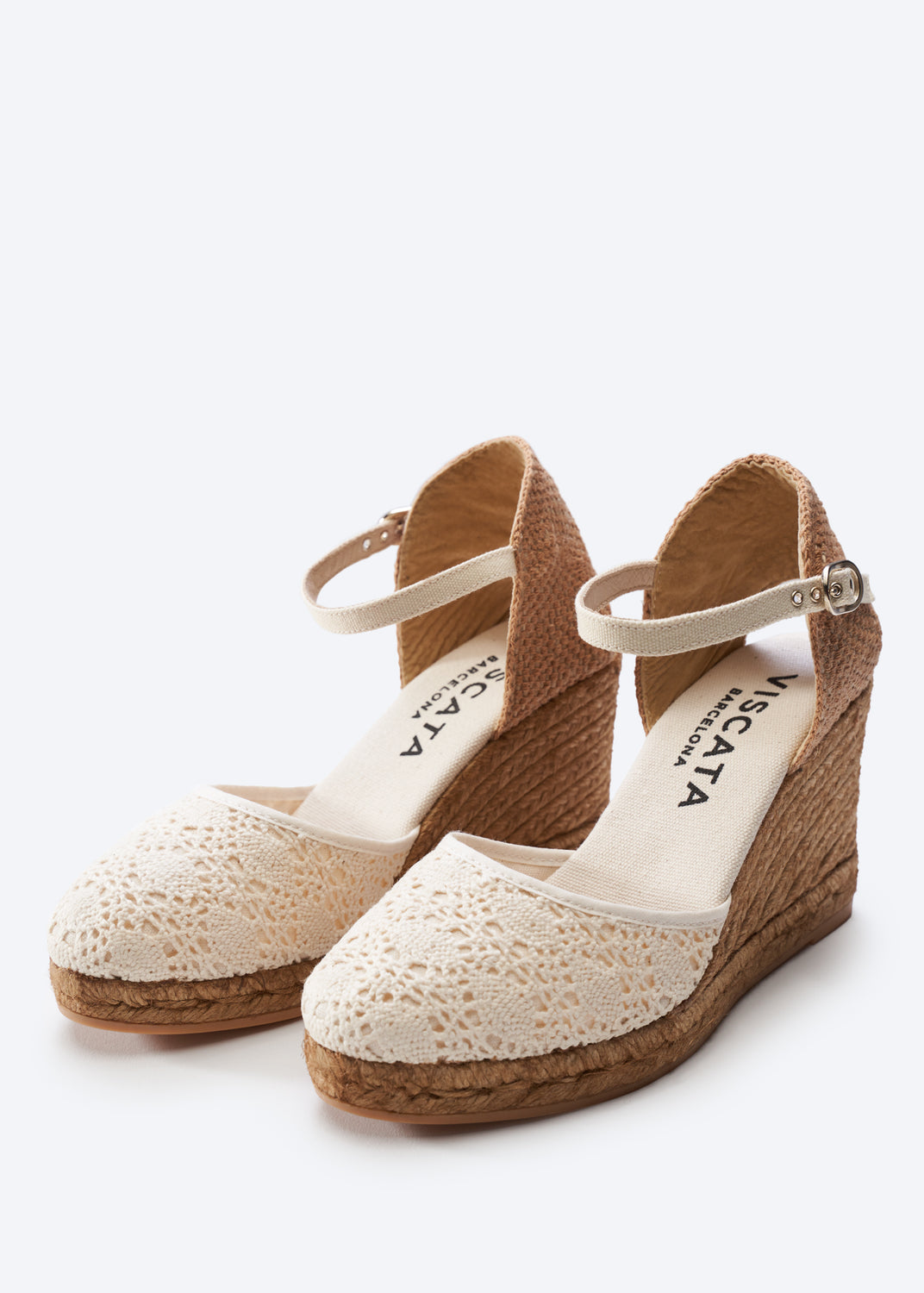 Satuna Ivory Crochet Ankle Strap Women Espadrille High Heel Wedges