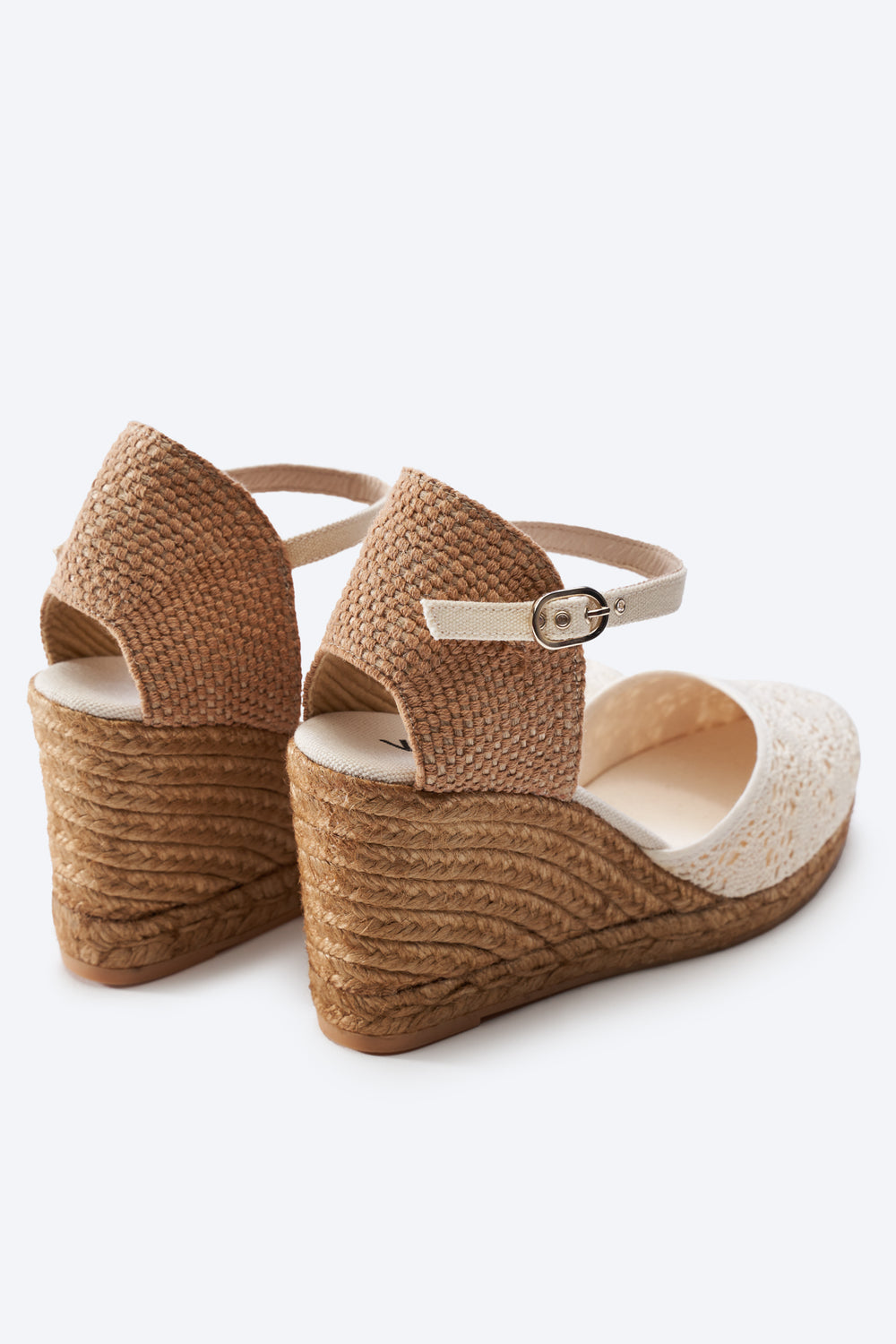 Satuna Ivory Crochet Ankle Strap Women Espadrille High Heel Wedges Flexible Back Detail