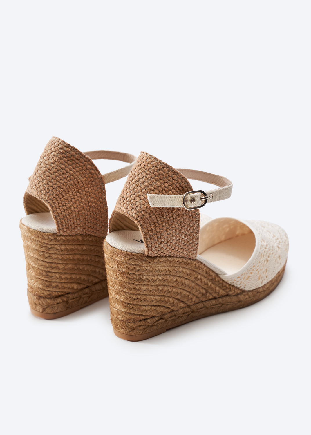 Satuna Ivory Crochet Ankle Strap Women Espadrille High Heel Wedges Flexible Back Detail