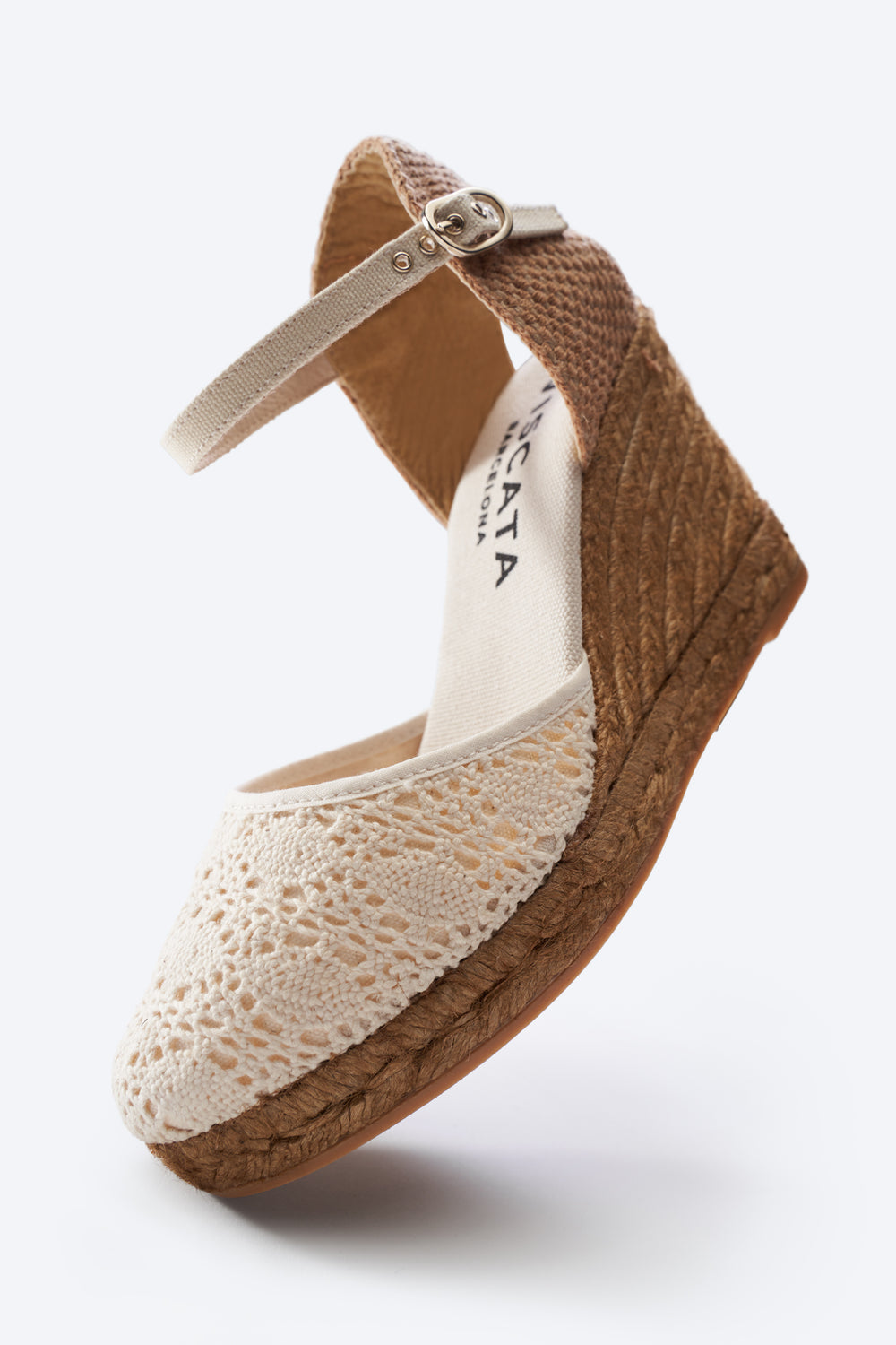 Satuna Ivory Crochet Ankle Strap Women Closed Toe Espadrille High Heel Wedge