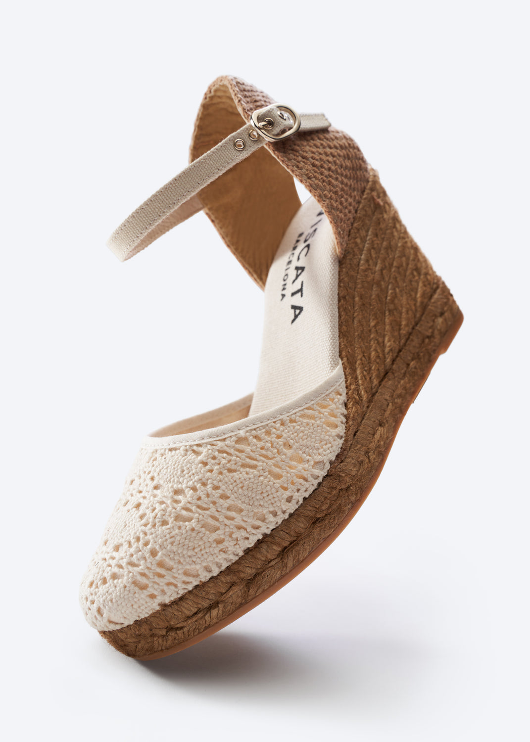 Satuna Ivory Crochet Ankle Strap Women Closed Toe Espadrille High Heel Wedge