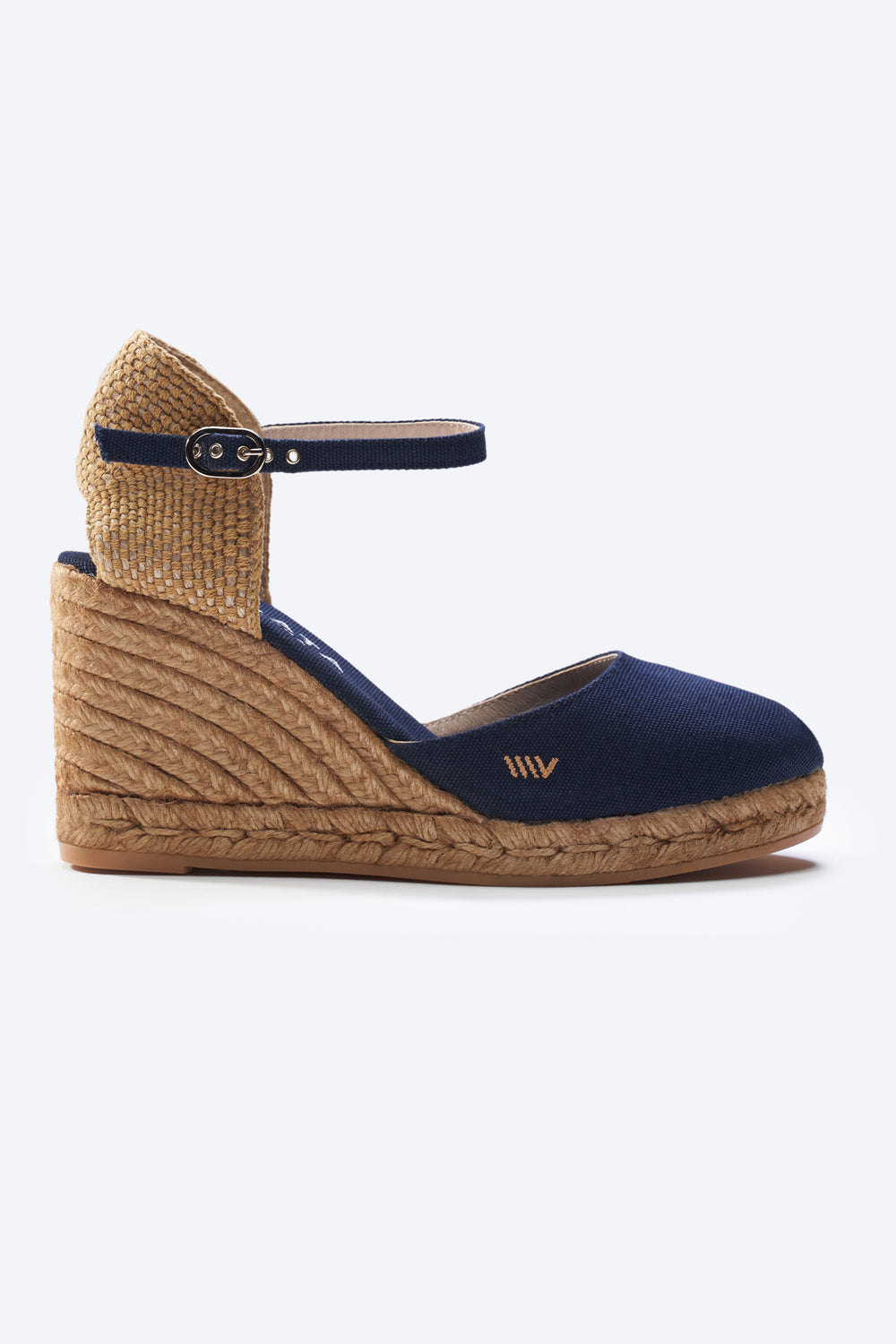 Satuna Navy Blue Canvas Ankle Strap Women Espadrille High Wedge