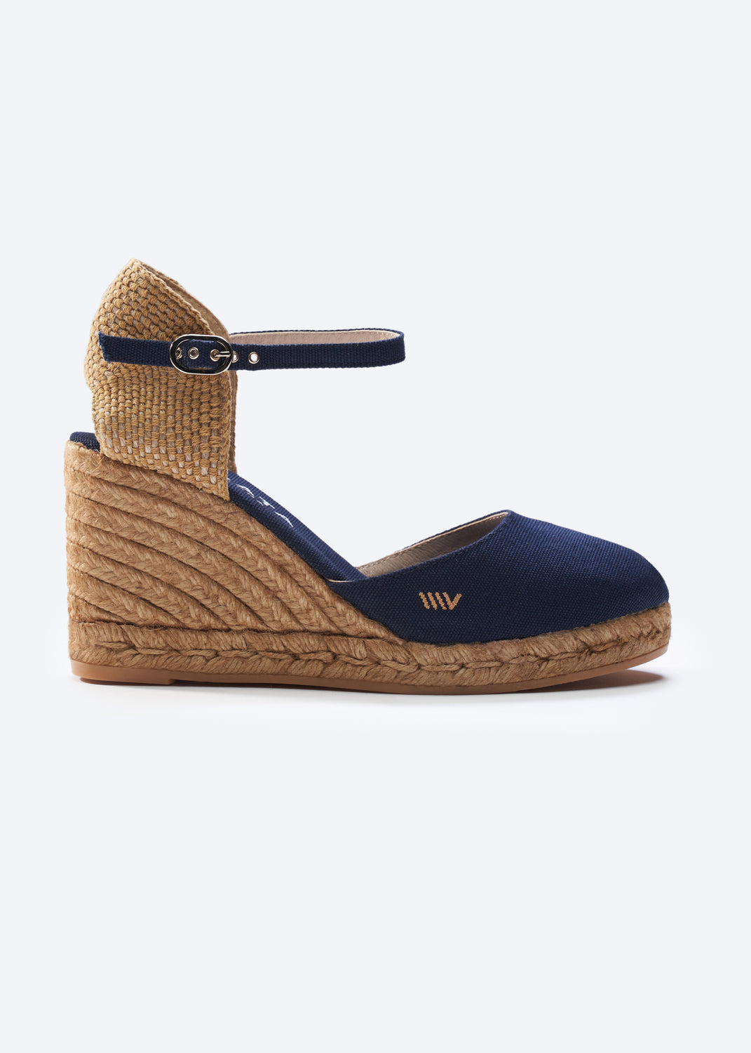 Satuna Navy Blue Canvas Ankle Strap Women Espadrille High Wedge