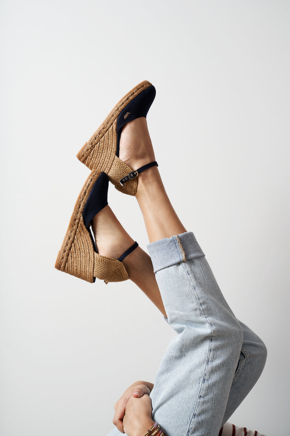 Satuna Navy Blue Canvas Ankle Strap Women Espadrille High Wedges Legs