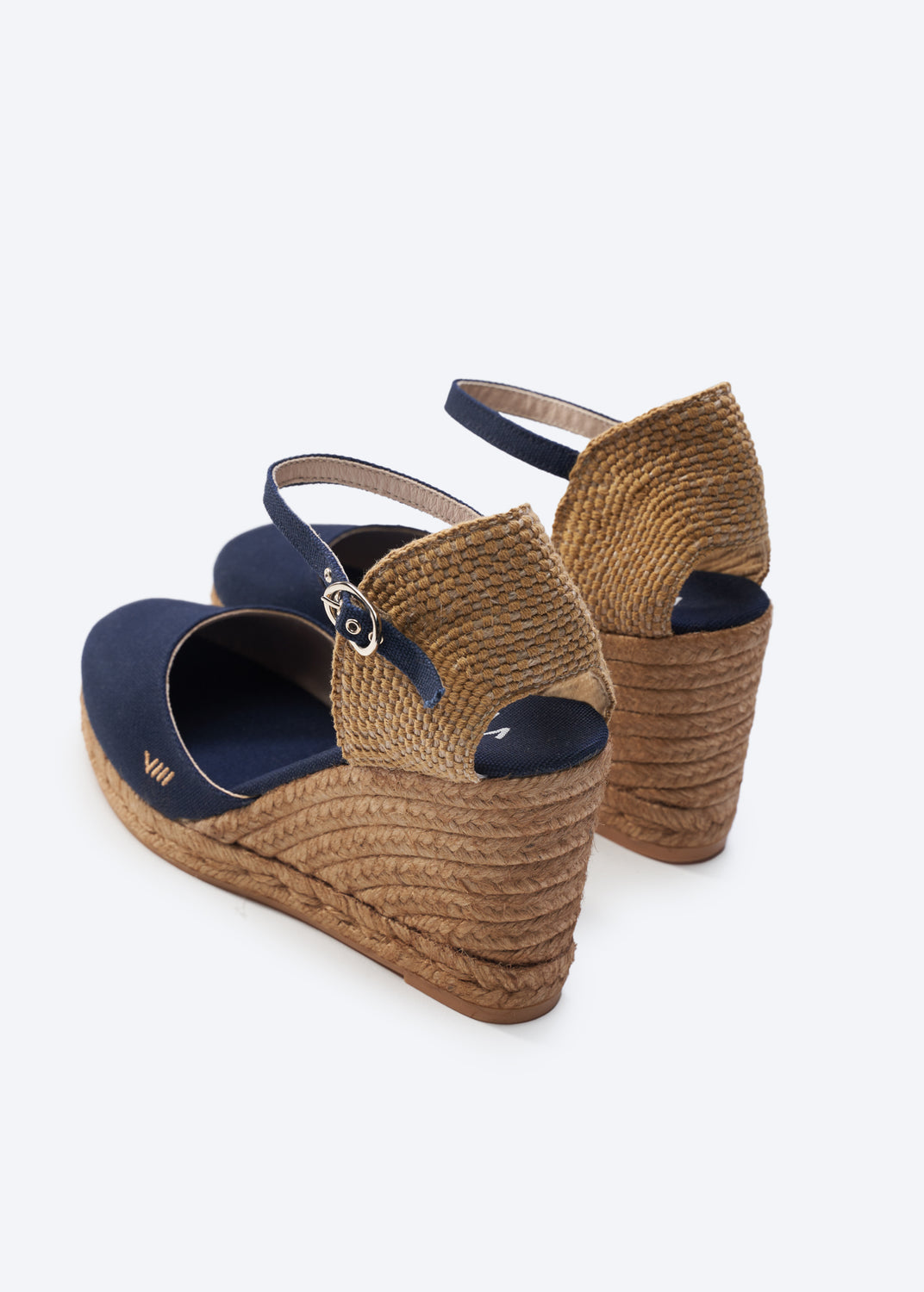 Satuna Navy Blue Canvas Ankle Strap Women Espadrille High Wedges Flexible Back Detail
