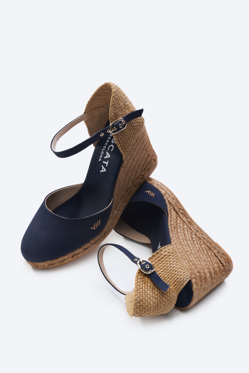 Satuna Navy Blue Canvas Ankle Strap Women Espadrille High Heel Wedges
