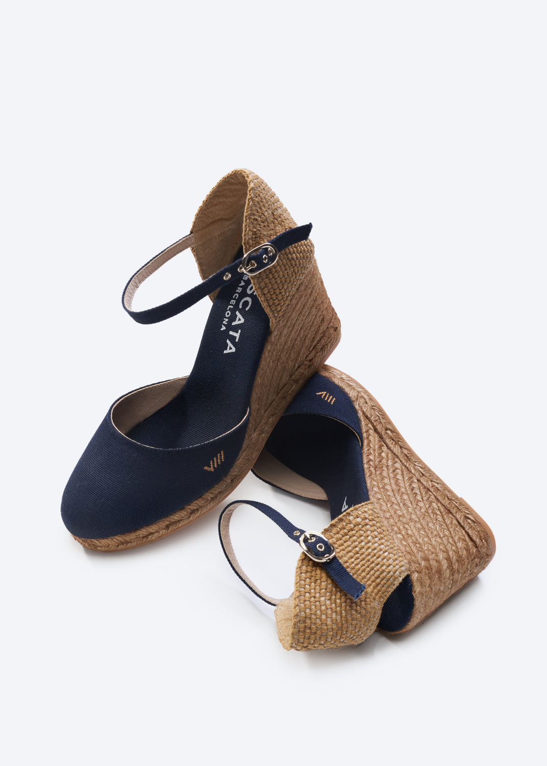 Satuna Navy Blue Canvas Ankle Strap Women Espadrille High Heel Wedges