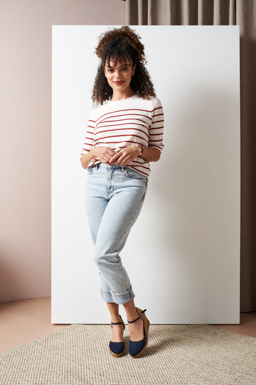 Satuna Navy Blue Canvas Ankle Strap Women Espadrille High Wedges Outfit