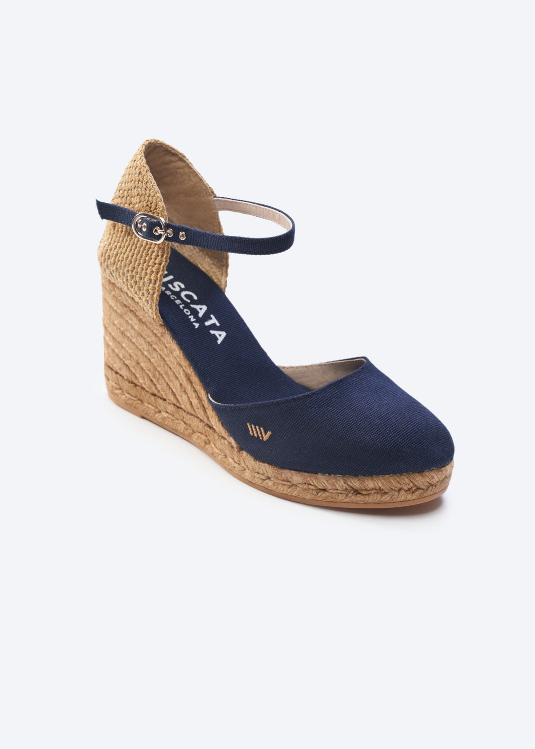 Satuna Navy Blue Canvas Ankle Strap Women Espadrille High Wedge U Cut Closed Toe