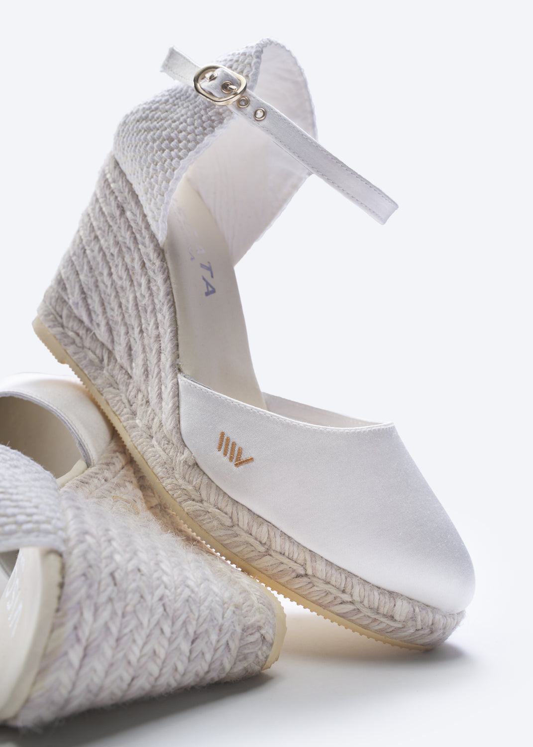 Satuna Limited Edition White Silk Ankle Strap Women White Jute Espadrille High Wedges