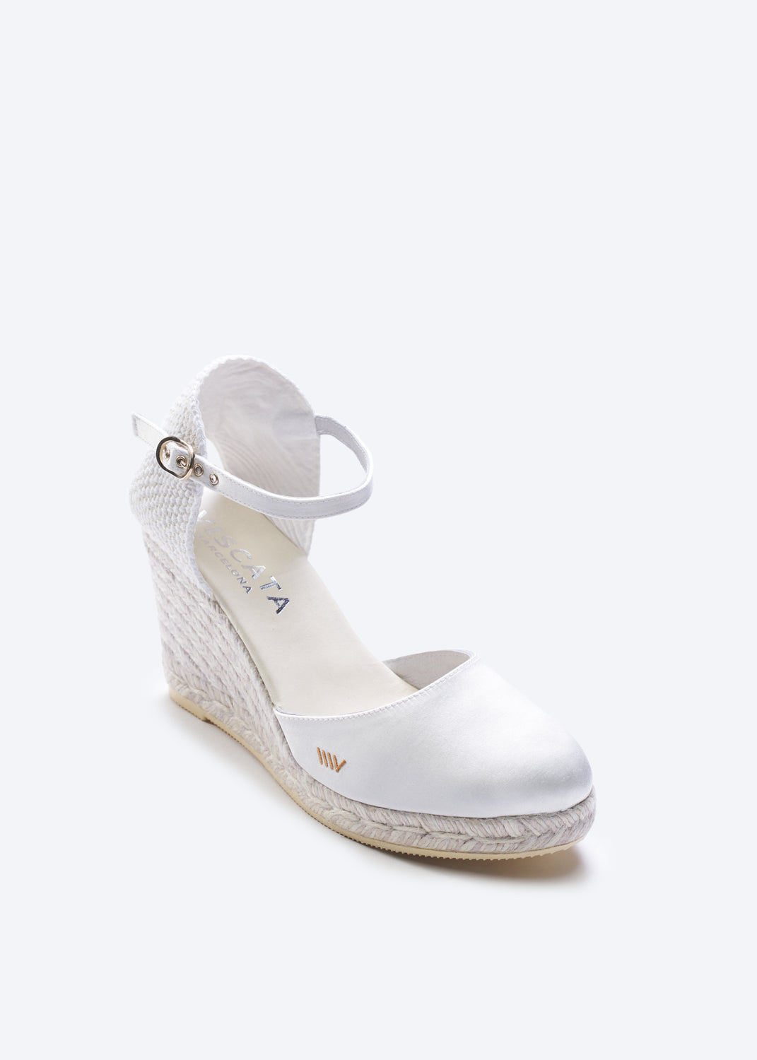 Satuna Limited Edition White Silk Ankle Strap Women Closed Toe Espadrille High Heel Wedge
