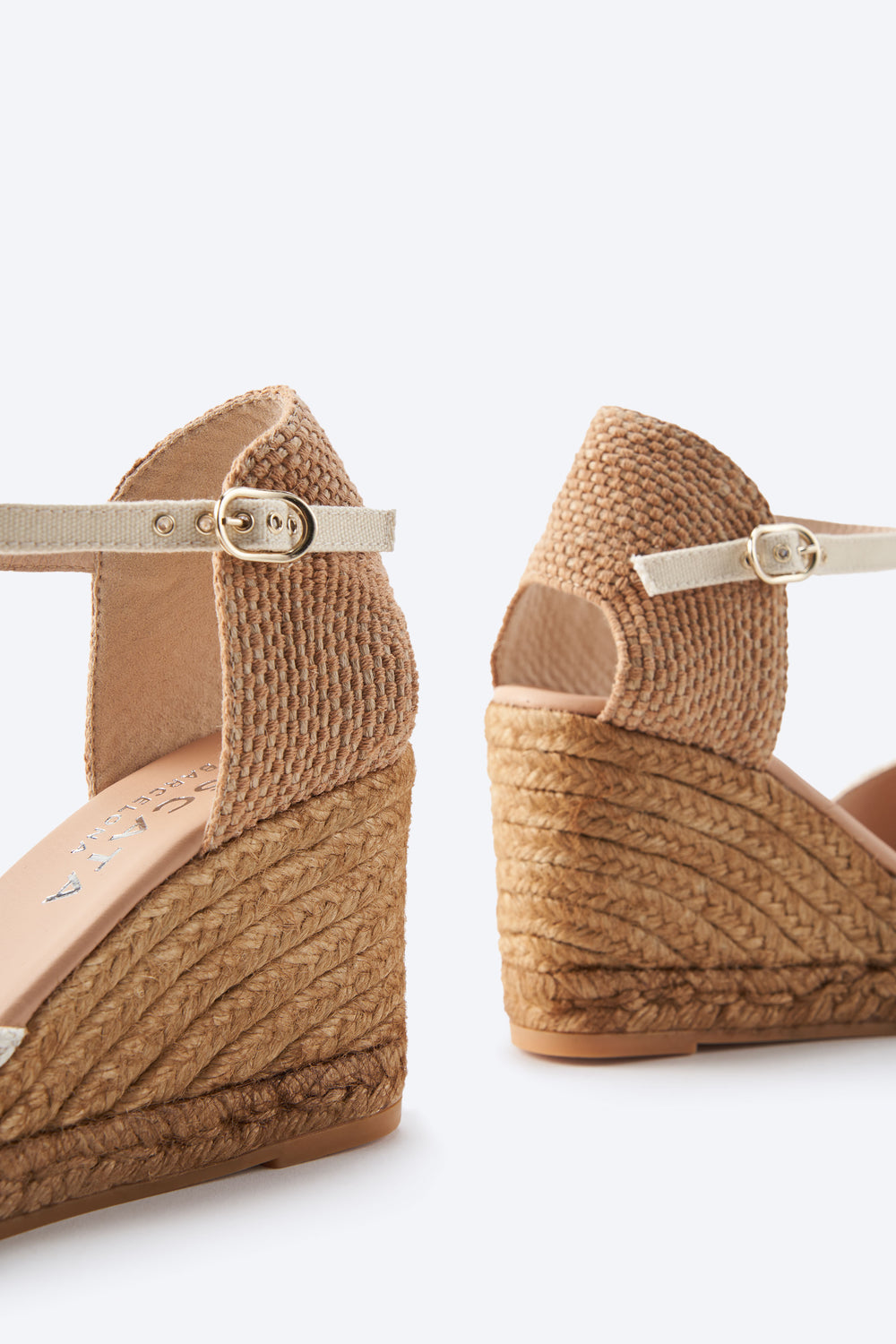 Satuna Limited Edition White Mesh Ankle Strap Women Espadrille High Wedge Flexible Back Details
