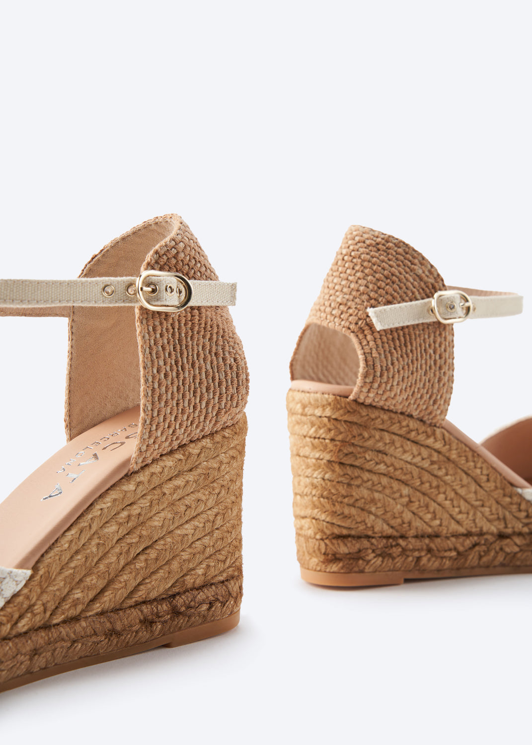 Satuna Limited Edition White Mesh Ankle Strap Women Espadrille High Wedge Flexible Back Details