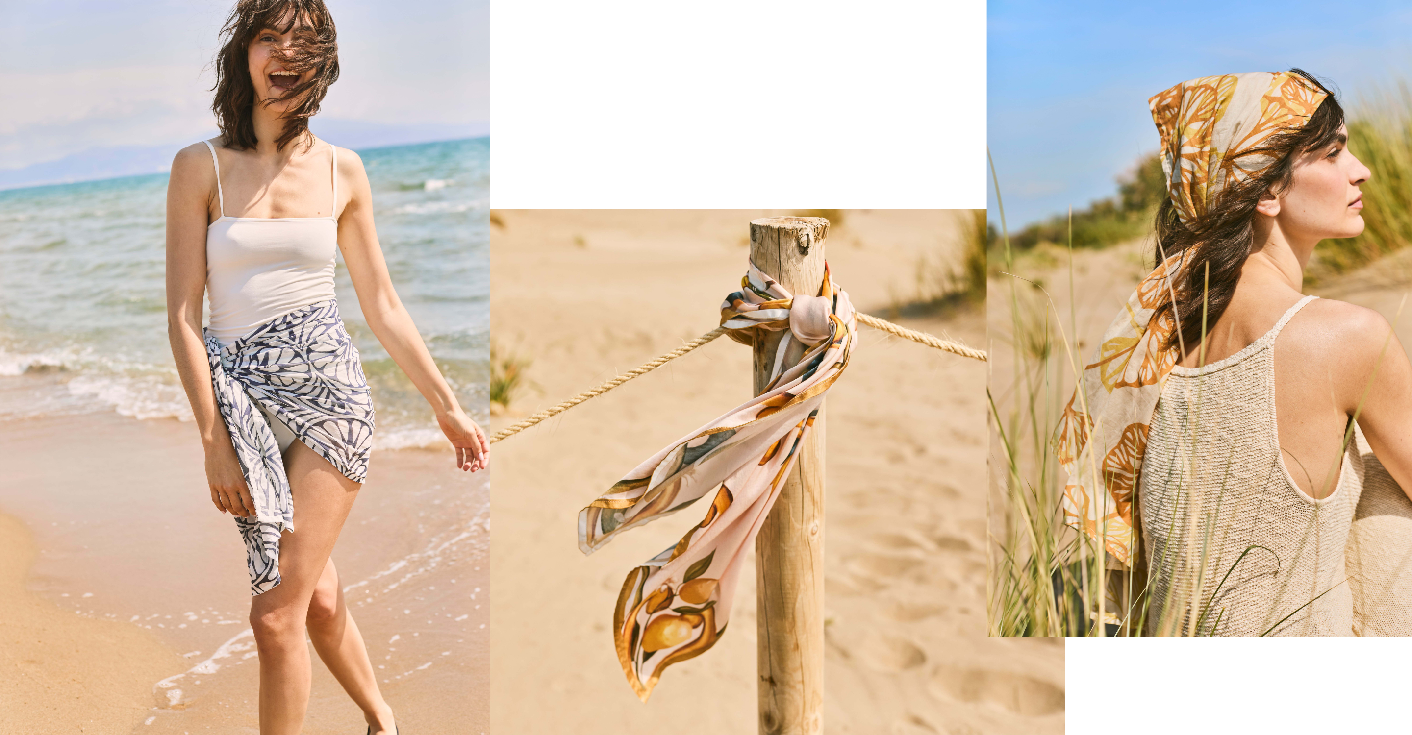Editorial collage featuring women styling printed Mediterranean scarves on the beach, including headscarf and wrap styling in warm coastal scenery.