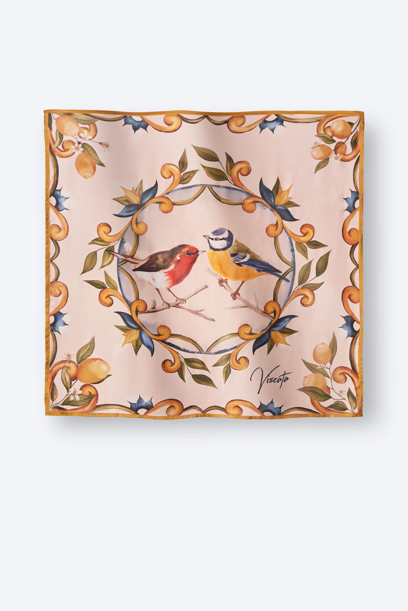 Elegant silk square scarf featuring hand-painted red robin and blue tit birds surrounded by Mediterranean lemon and floral motifs – luxurious women's accessory for chic, nature-inspired style