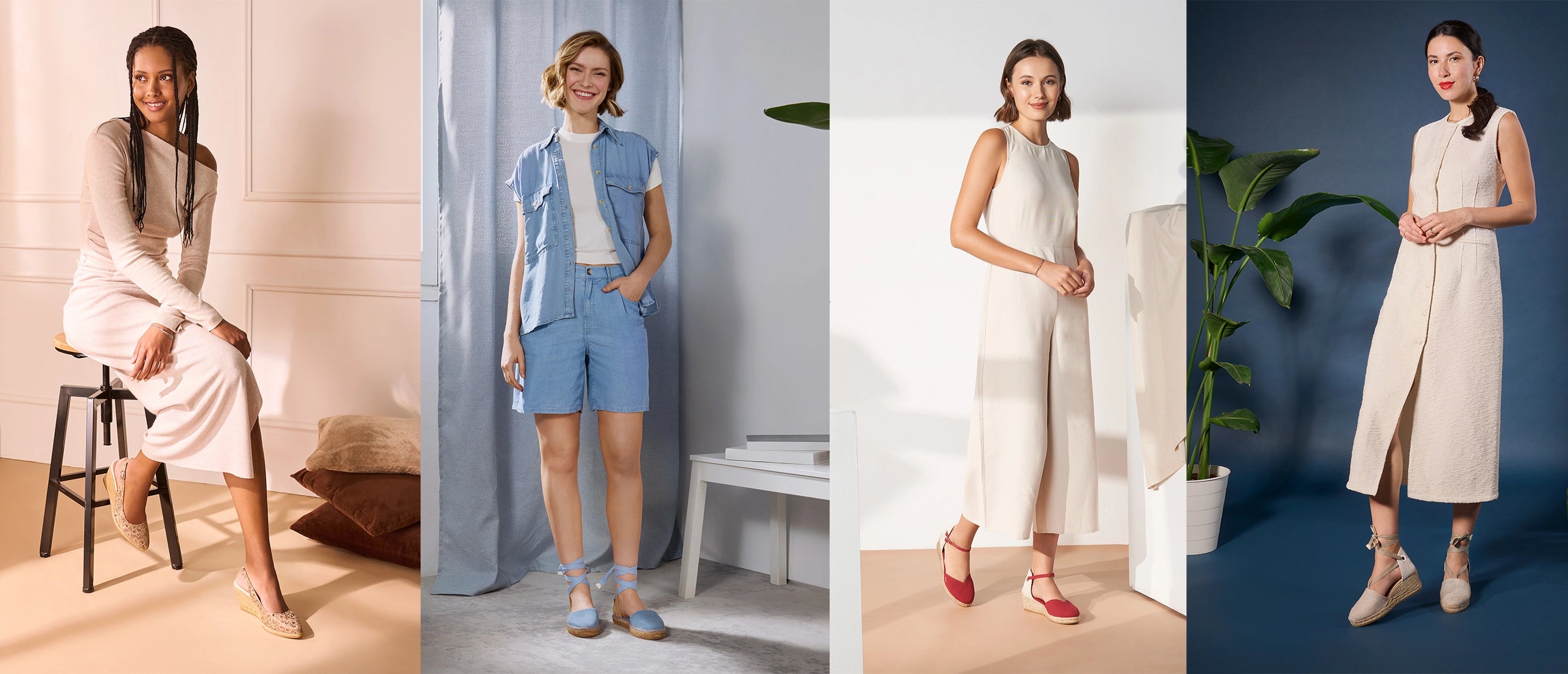 Four women showcasing versatile espadrille styles — from classic nude flats and blue ankle-tie espadrilles to bold red wedges and neutral lace-up espadrilles — each styled with chic, minimalist outfits, perfect for spring and summer fashion inspiration.