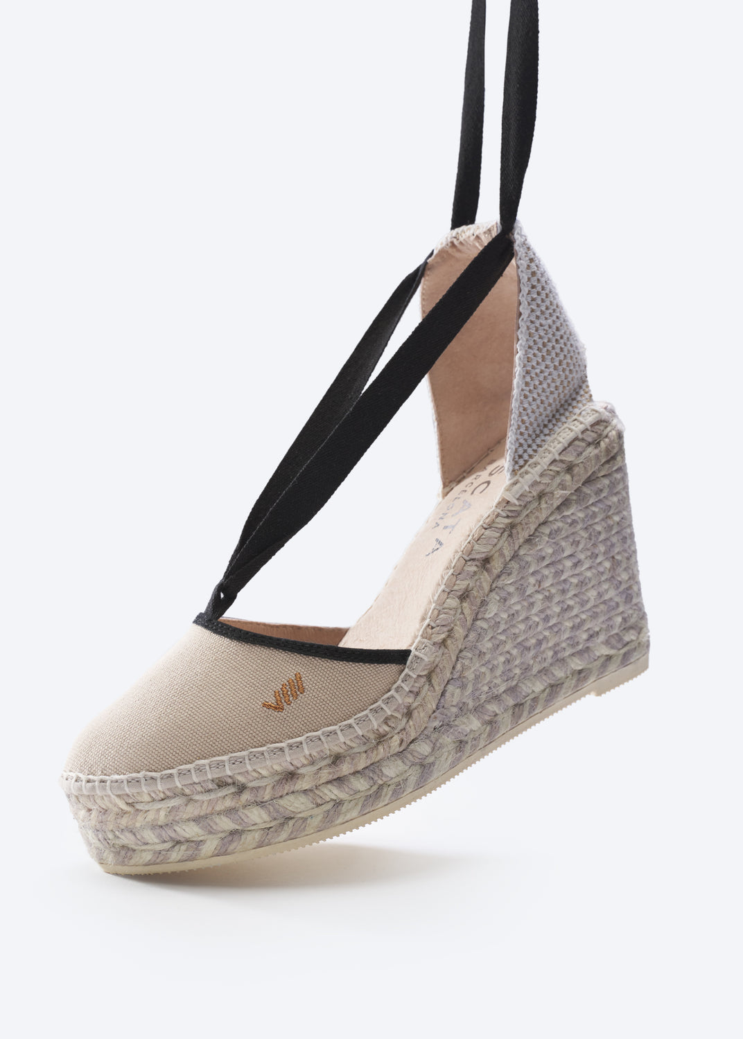 Tavallera Beige Canvas Lace Up Women Closed Toe Espadrille High Heel Wedges