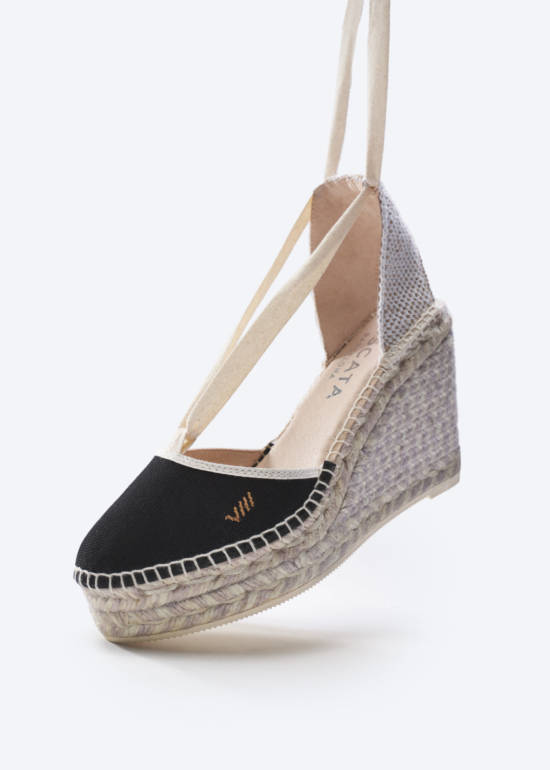 Tavallera Black Canvas Lace Up Women Closed Toe Espadrille High Heel Wedge