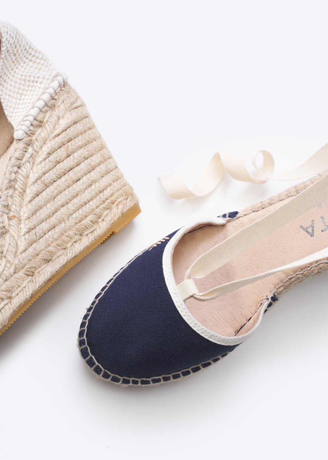 Tavallera Navy Blue Canvas Lace Up Women Rounded Closed Toe Espadrille Wedges