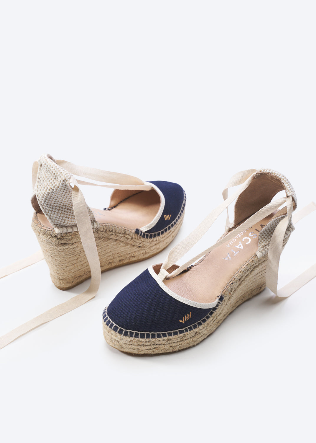 Tavallera Navy Blue Canvas Lace Up Women Espadrille High Heel Wedges