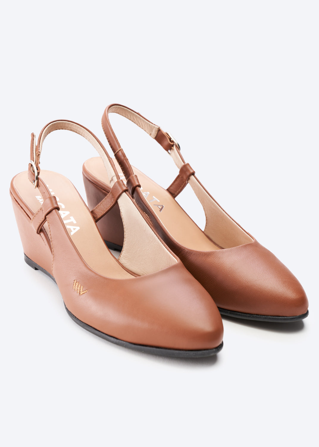 Tivoli Whiskey Brown Leather Slingback Women Almond Toe Wedge Shoes