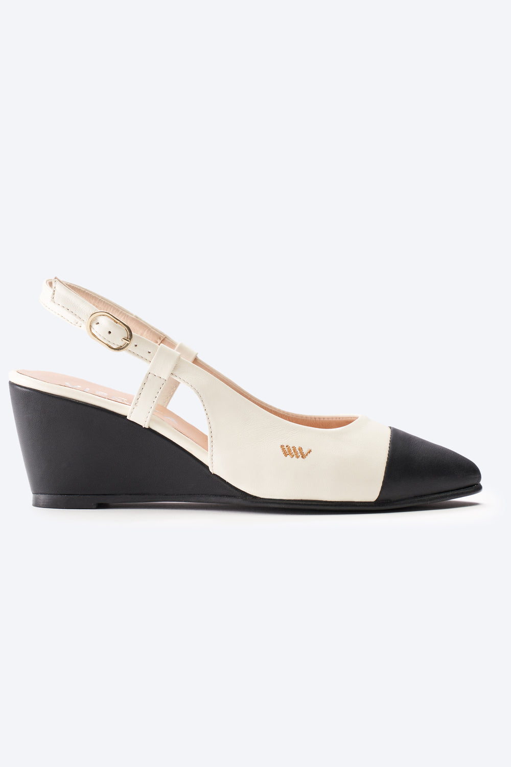Tivoli White Black Tip Leather Slingback Women Wedge Shoes