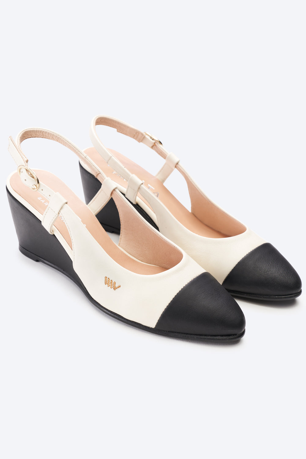Tivoli White Black Tip Leather Slingback Women Almond Toe Wedge Shoes