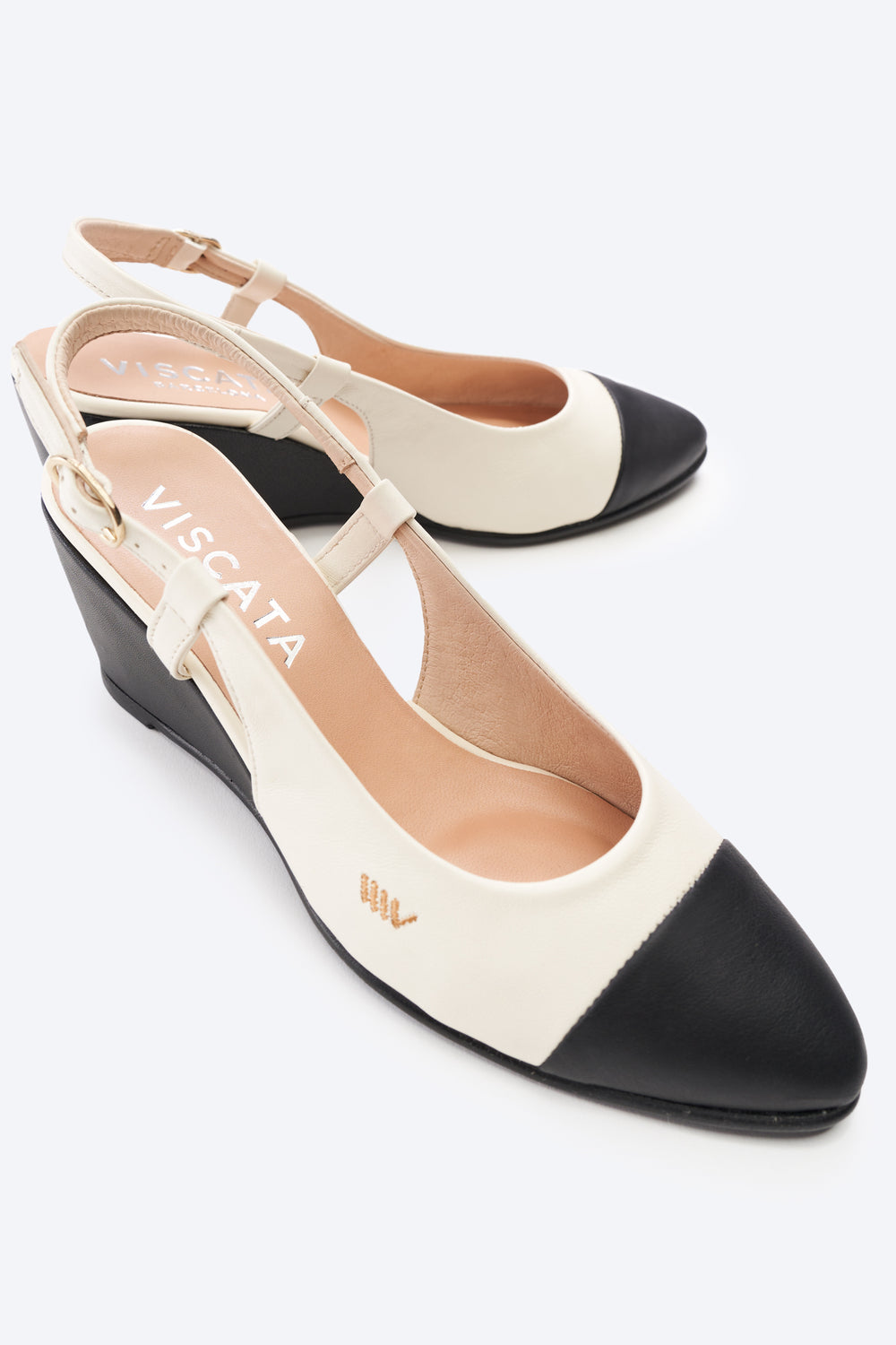 Tivoli White Black Tip Leather Slingback Women Closed Toe Wedge Shoes