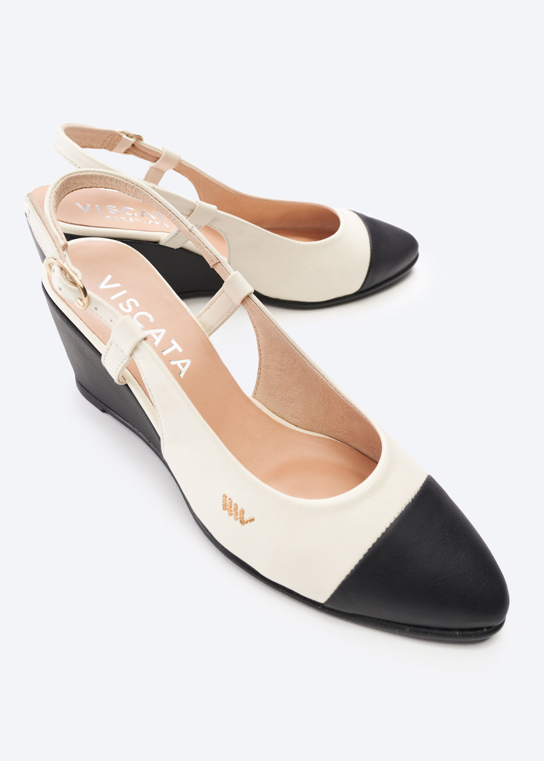 Tivoli White Black Tip Leather Slingback Women Closed Toe Wedge Shoes