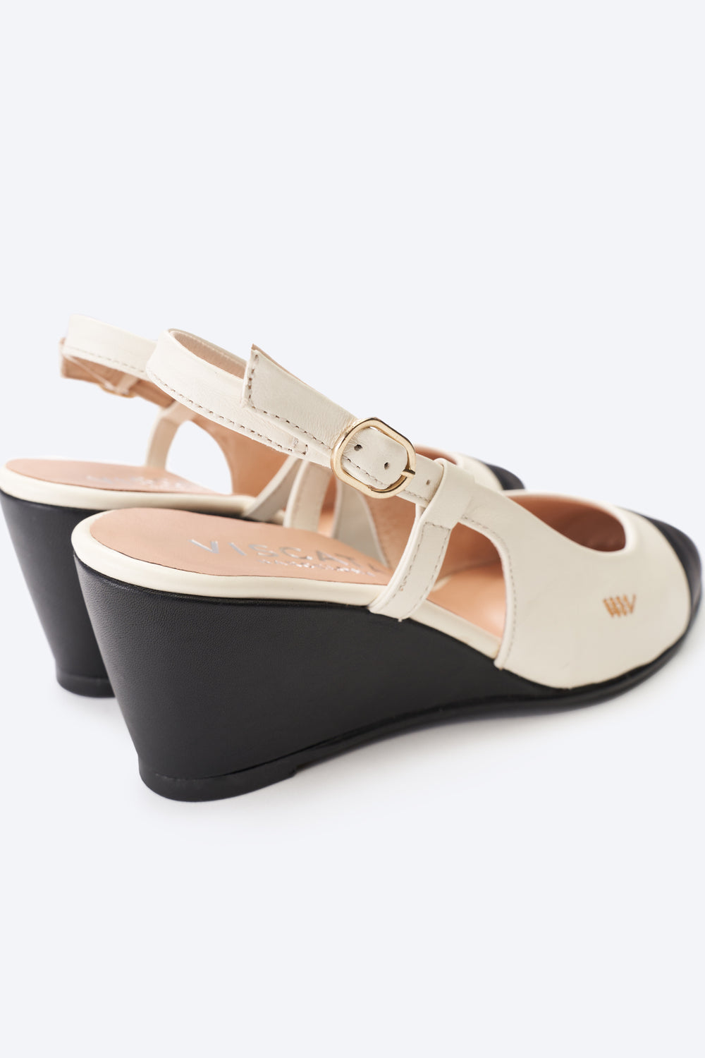 Tivoli White Black Tip Leather Slingback Women Wedge Shoes Back Detail