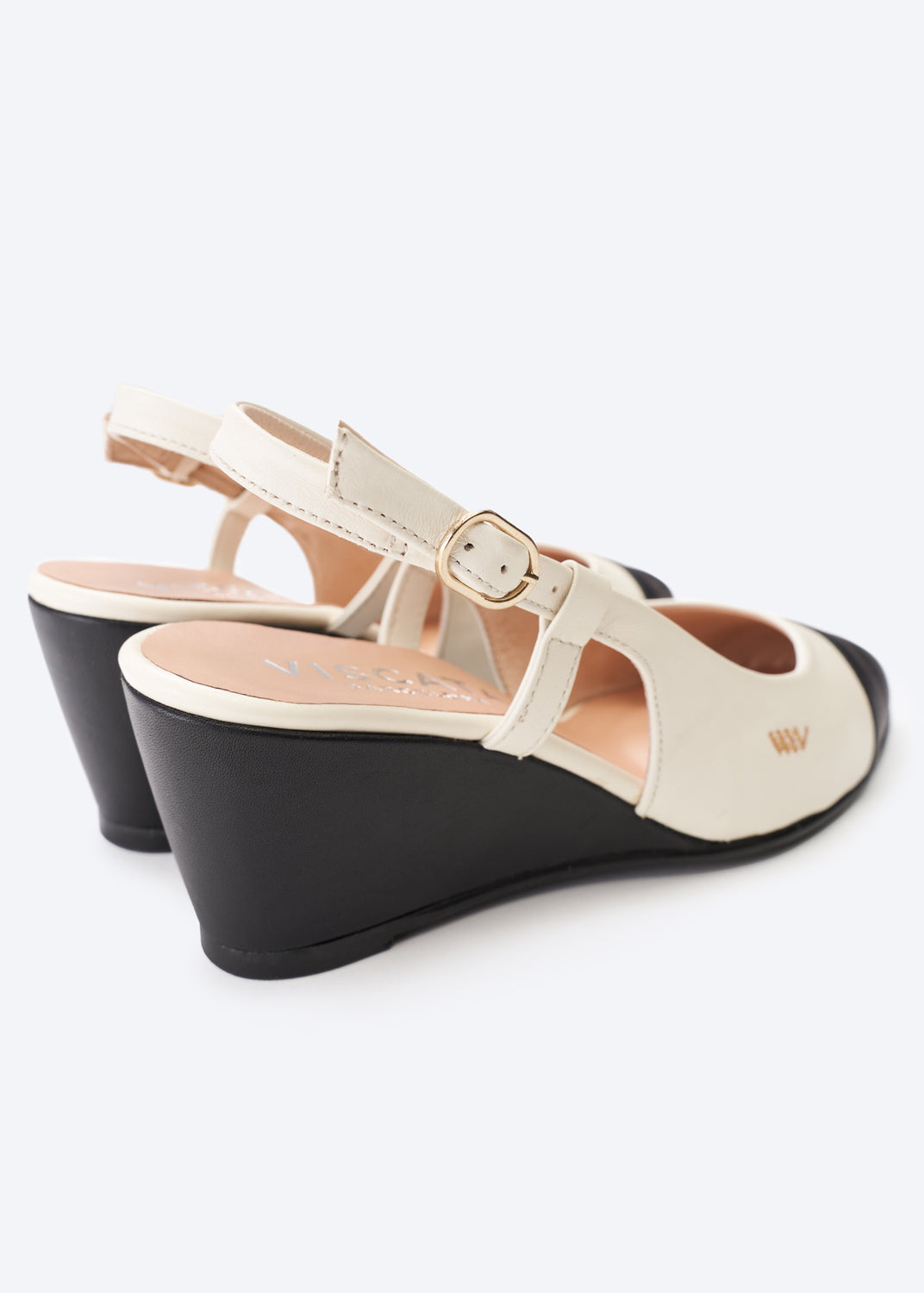 Tivoli White Black Tip Leather Slingback Women Wedge Shoes Back Detail