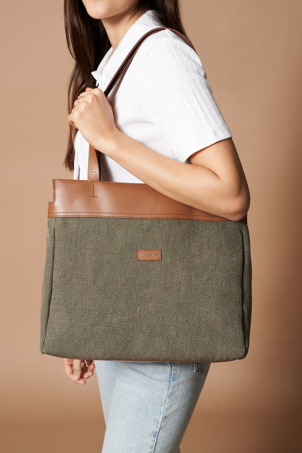 Woman Wearing a Tropez Olive Women Large Canvas Handbag
