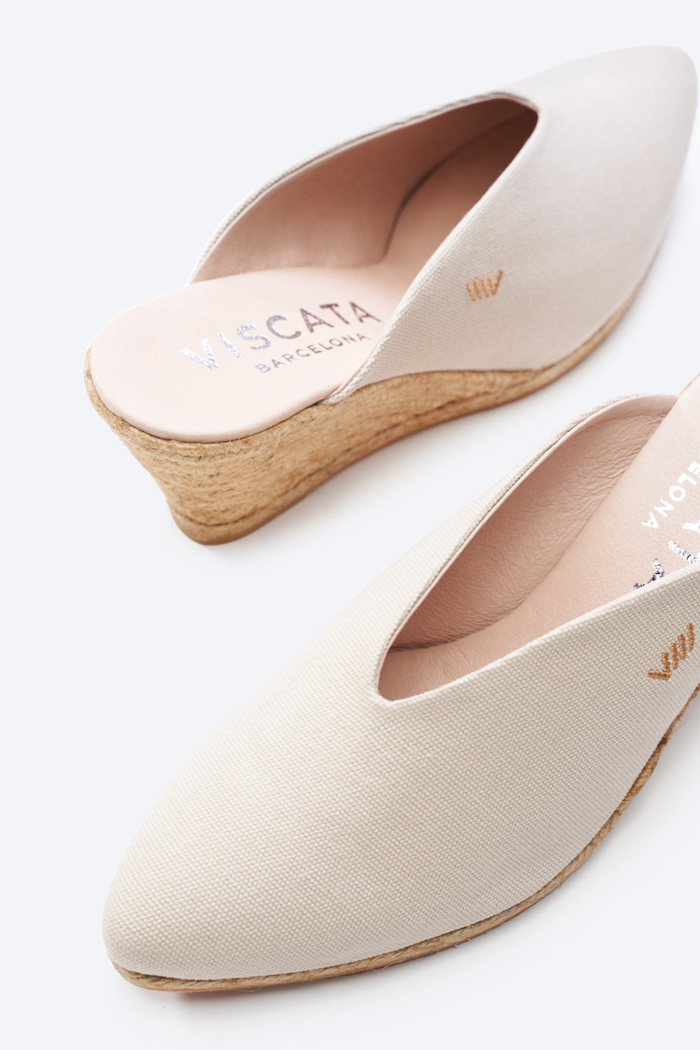 Truja Beige Canvas Slip On Woman Espadrille Mule Wedges V Cut Closed Toe Detail