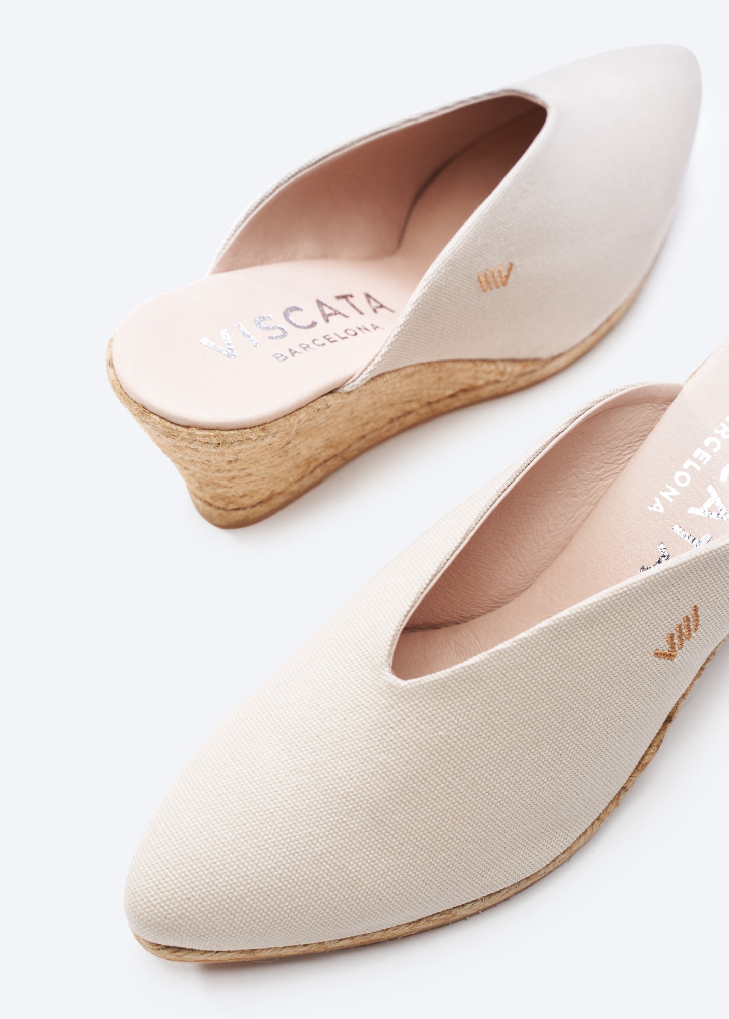 Truja Beige Canvas Slip On Woman Espadrille Mule Wedges V Cut Closed Toe Detail