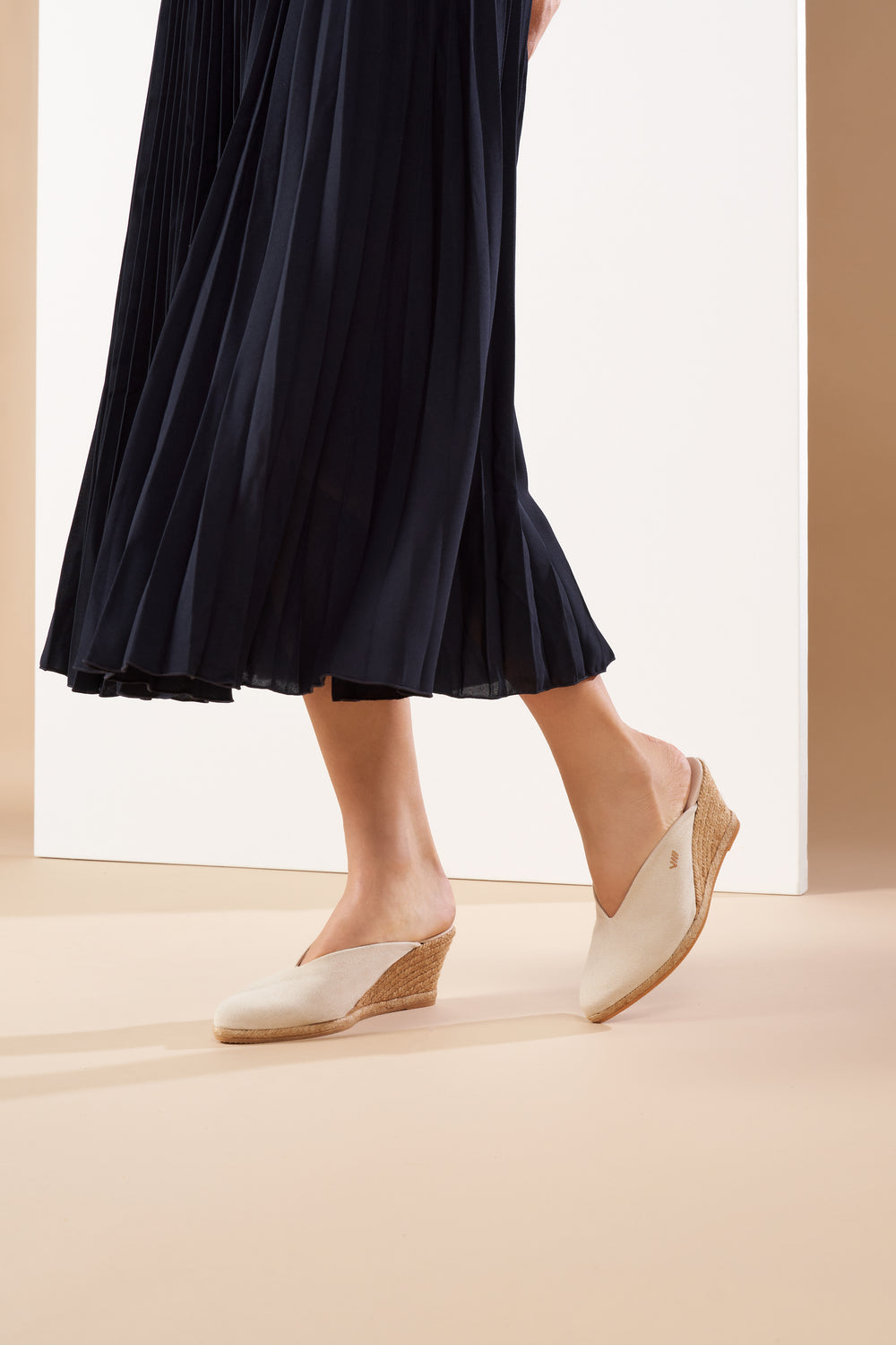 Truja Beige Canvas Slip On Woman Espadrille Mule Wedges Legs