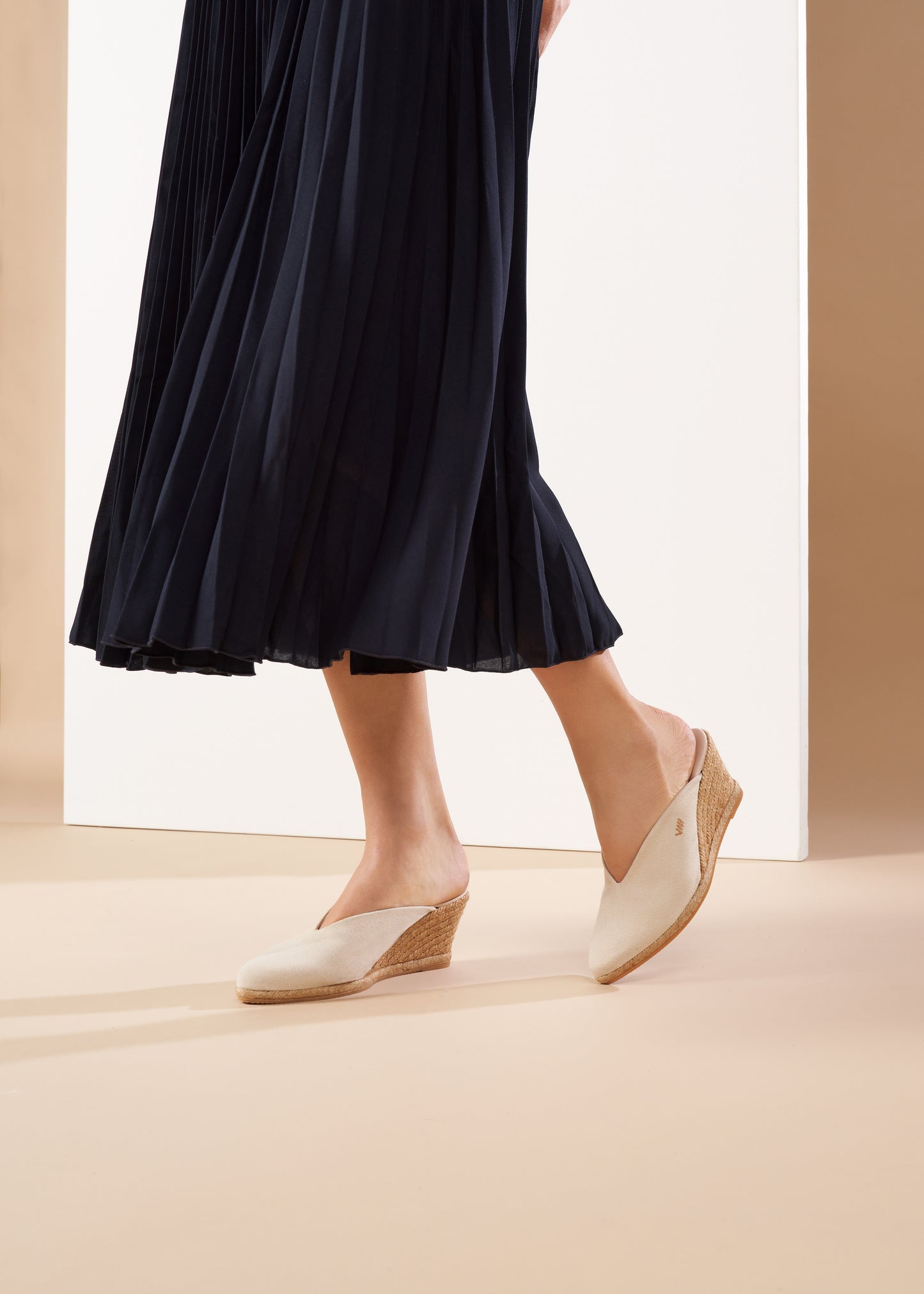 Truja Beige Canvas Slip On Woman Espadrille Mule Wedges Legs