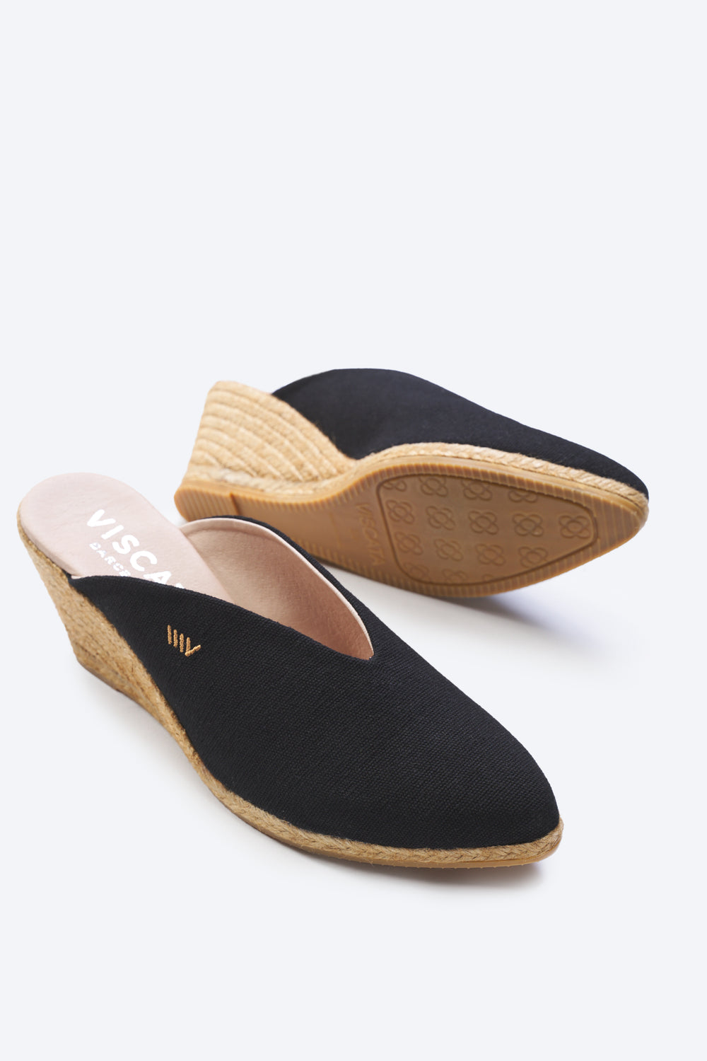 Truja Black Canvas Slip On Woman Espadrille Mule Medium Heel Wedges
