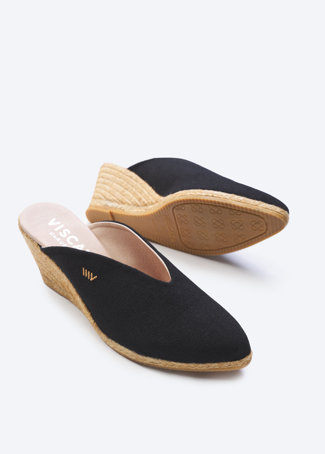 Truja Black Canvas Slip On Woman Espadrille Mule Medium Heel Wedges