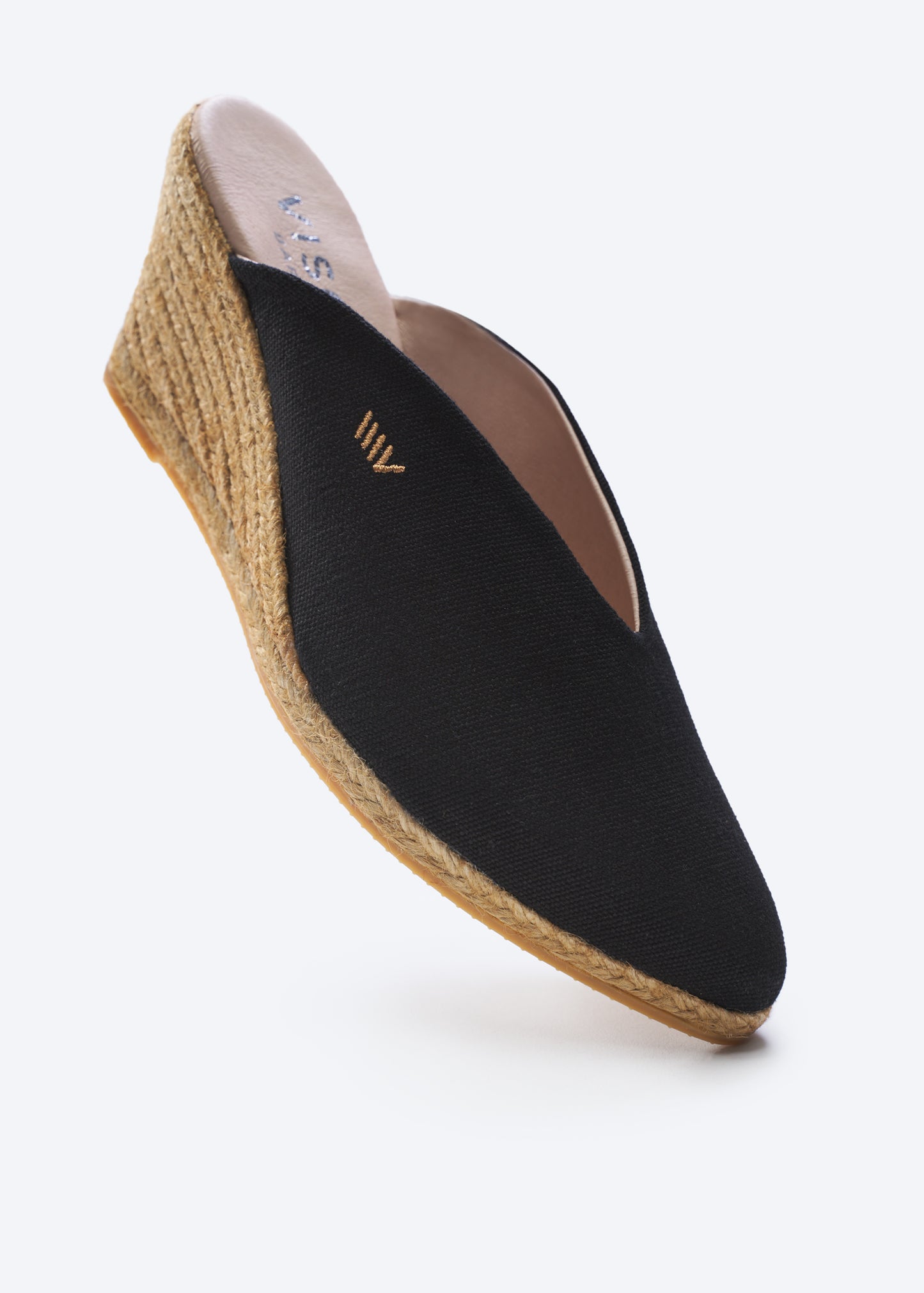 Truja Black Canvas Slip On Woman Espadrille Mule Medium Wedge V Cut Closed Toe
